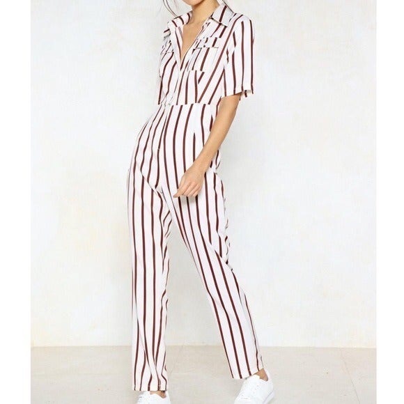 cream striped jumpsuit